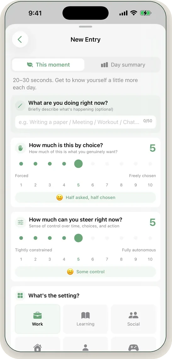 The New Entry screen: two quick questions about willingness and control, then the setting