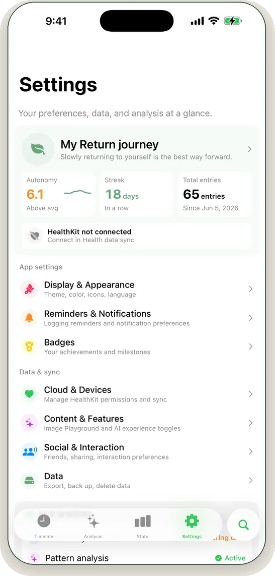 The Settings screen: your journey at a glance and clearly stated data boundaries